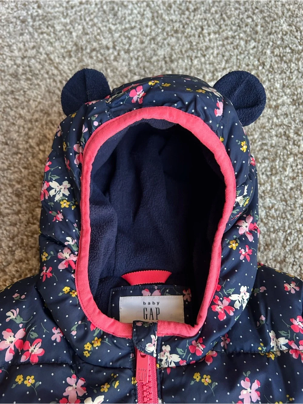 GAP Navy Floral Puffer Jacket with Pink Trim and Hood, 6-12 months